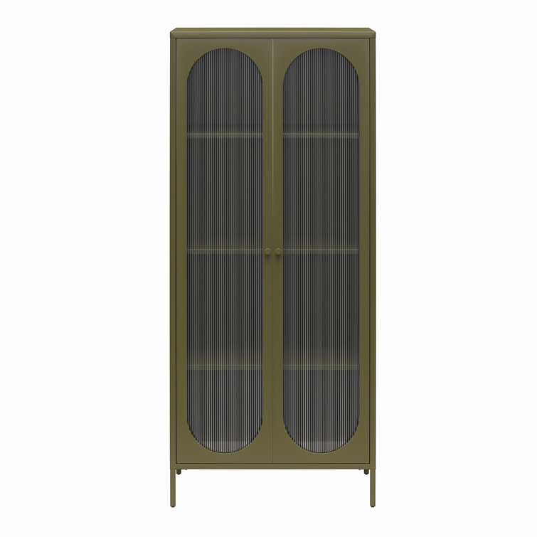 Olive Green Tall Metal Cabinet with Fluted Glass Doors
