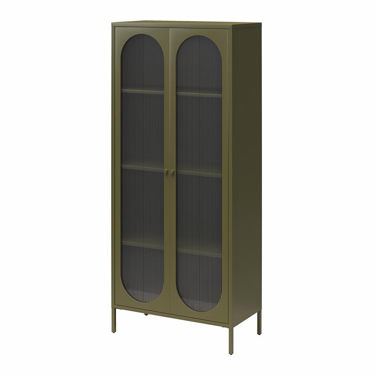 Olive Green Tall Metal Cabinet with Fluted Glass Doors