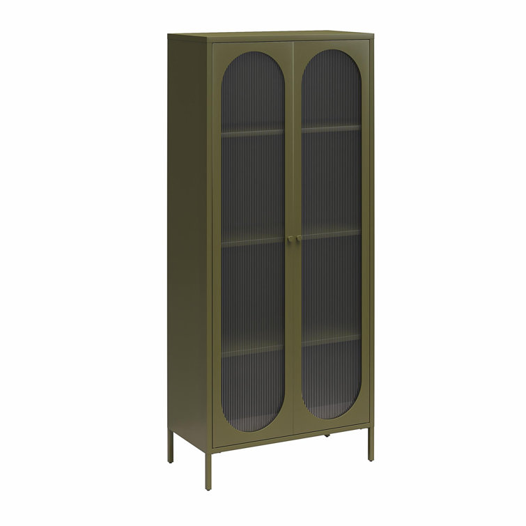 Olive Green Tall Metal Cabinet with Fluted Glass Doors