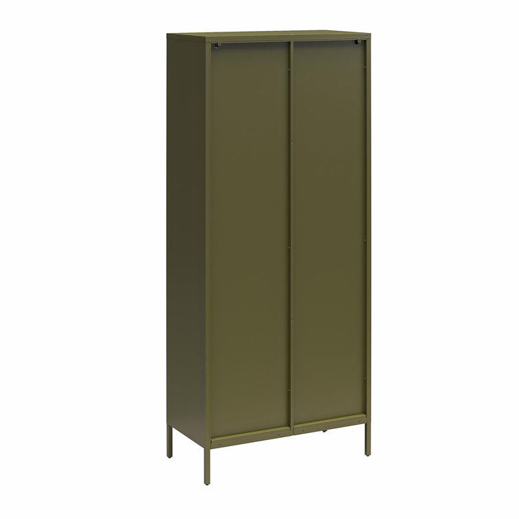 Olive Green Tall Metal Cabinet with Fluted Glass Doors