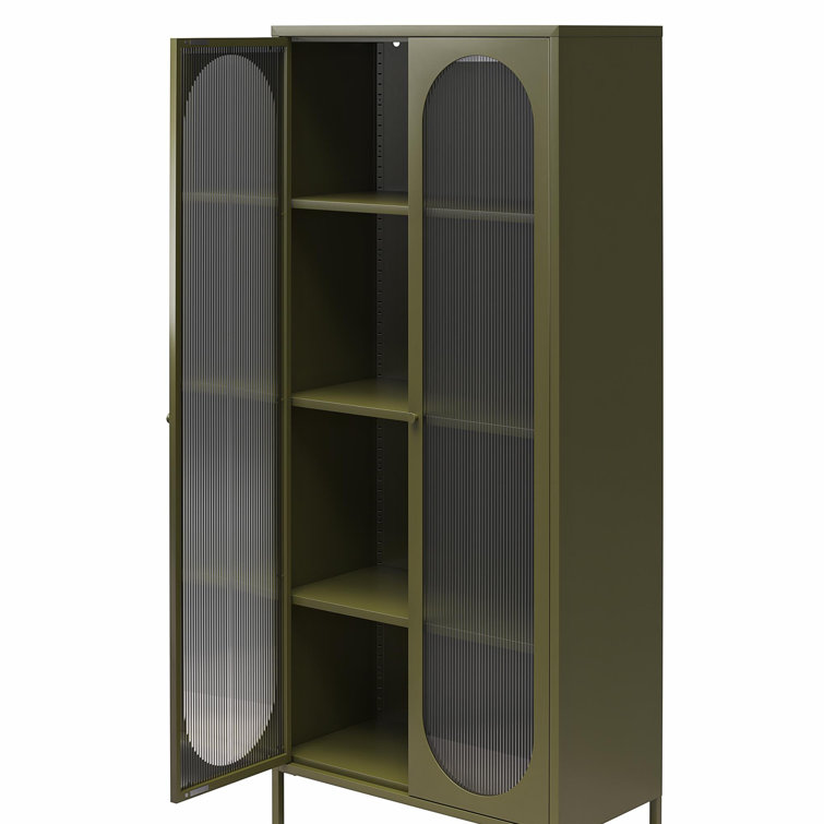 Olive Green Tall Metal Cabinet with Fluted Glass Doors