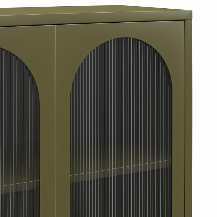 Olive Green Tall Metal Cabinet with Fluted Glass Doors