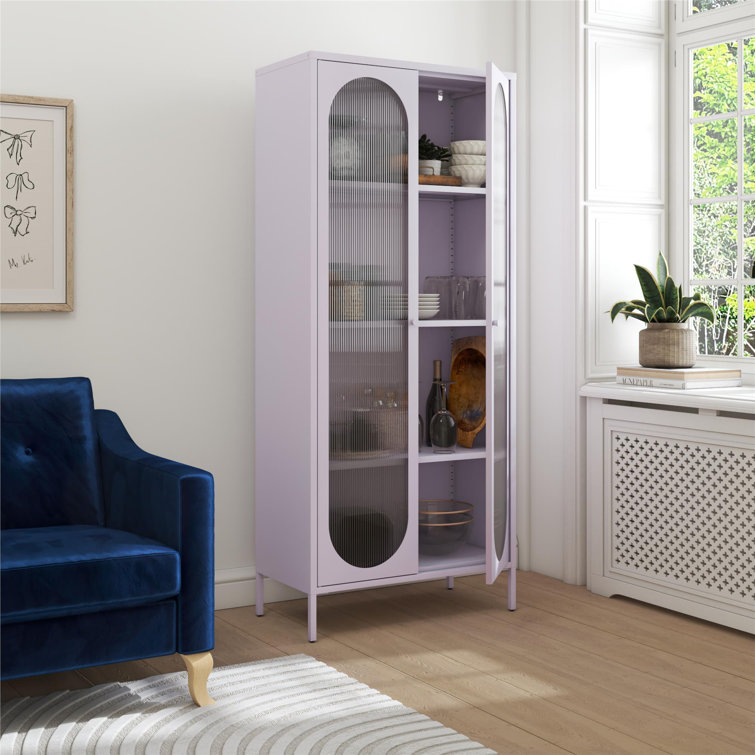 Lilac Tall Metal Accent Cabinet with Fluted Glass Doors