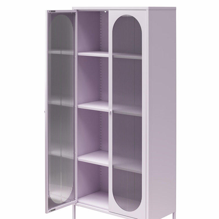 Lilac Tall Metal Accent Cabinet with Fluted Glass Doors