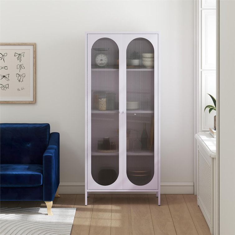 Lilac Tall Metal Accent Cabinet with Fluted Glass Doors