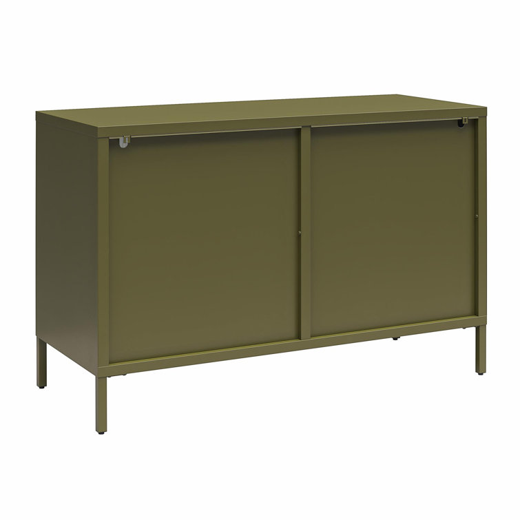 Olive Green Metal Accent Cabinet with Adjustable Shelving and Fluted Glass