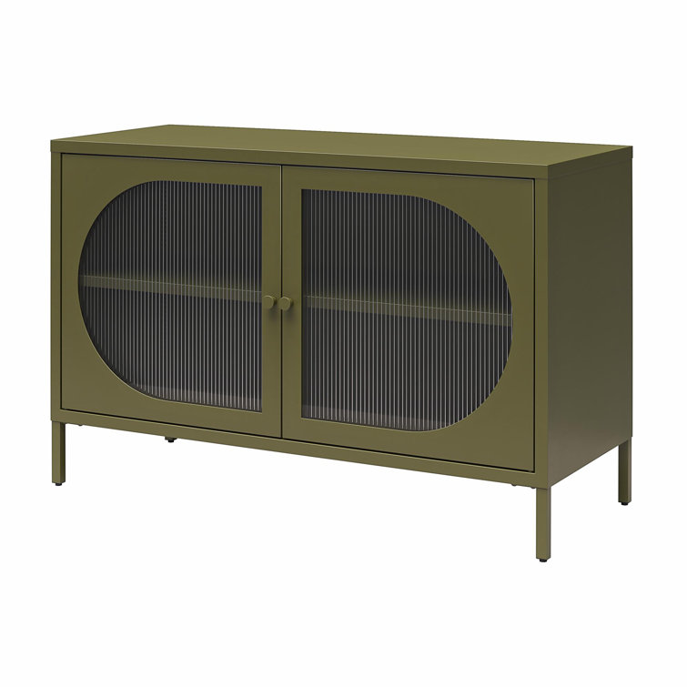 Olive Green Metal Accent Cabinet with Adjustable Shelving and Fluted Glass