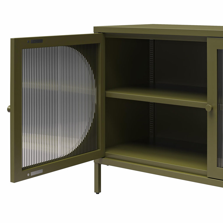 Olive Green Metal Accent Cabinet with Adjustable Shelving and Fluted Glass