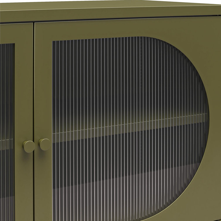 Olive Green Metal Accent Cabinet with Adjustable Shelving and Fluted Glass