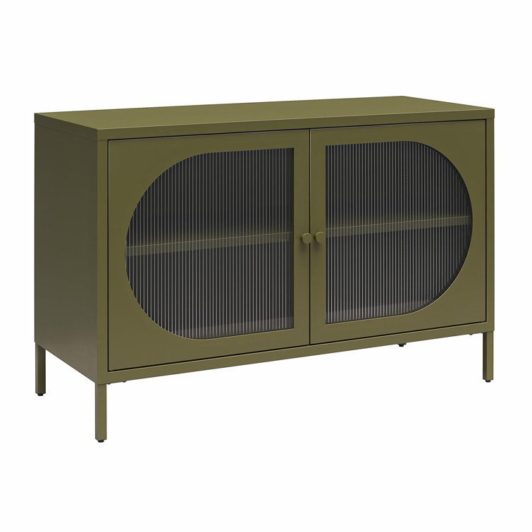 Olive Green Metal Accent Cabinet with Adjustable Shelving and Fluted Glass