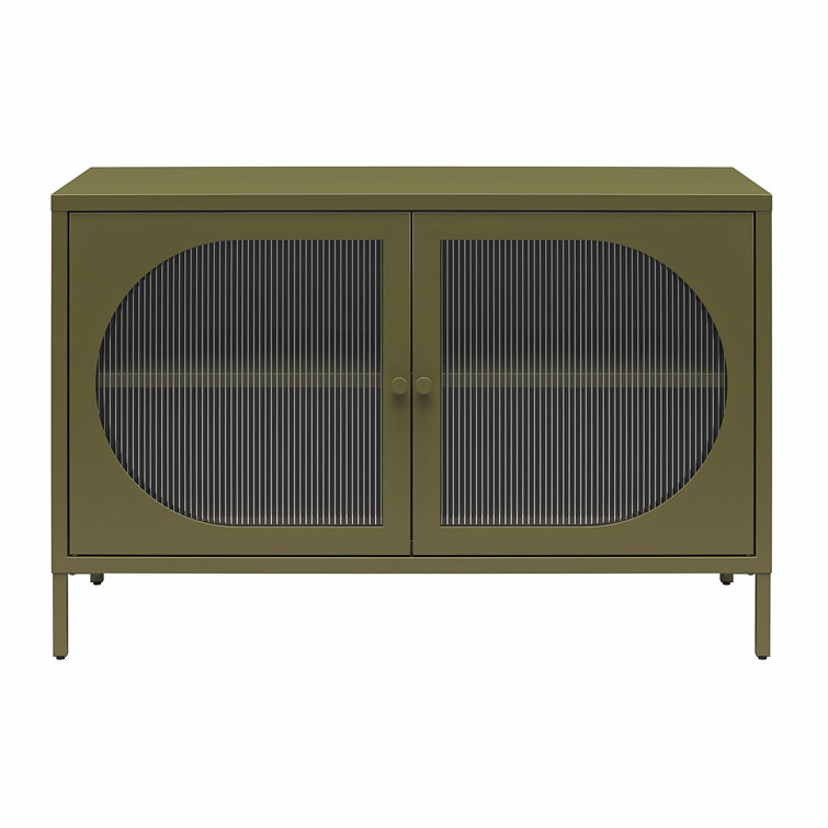Olive Green Metal Accent Cabinet with Adjustable Shelving and Fluted Glass