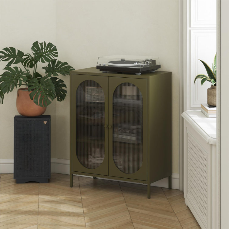Olive Green Metal Accent Cabinet with Fluted Glass Doors