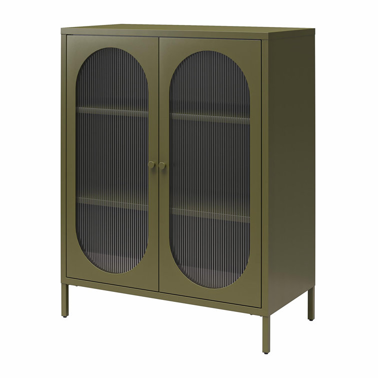 Olive Green Metal Accent Cabinet with Fluted Glass Doors