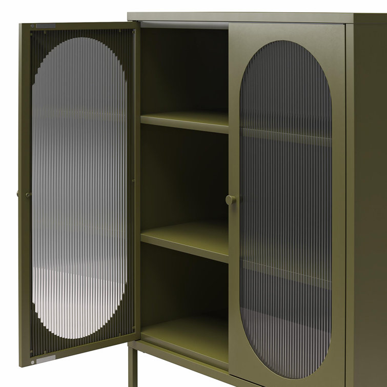 Olive Green Metal Accent Cabinet with Fluted Glass Doors