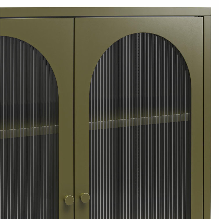 Olive Green Metal Accent Cabinet with Fluted Glass Doors