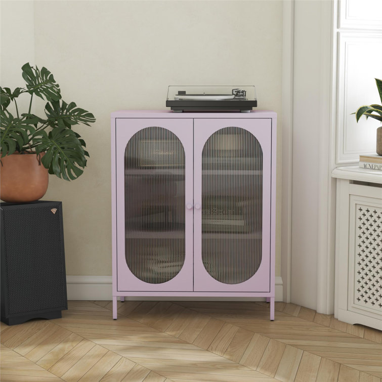 Lilac Metal Short Accent Cabinet with Fluted Glass Doors