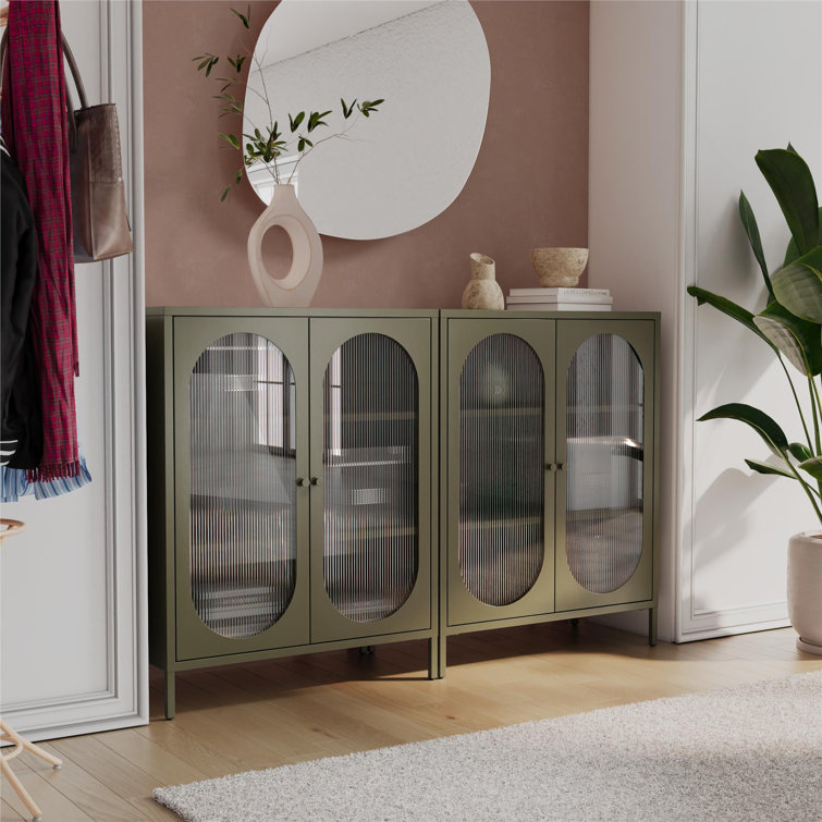 Olive Green Metal Accent Cabinet with Fluted Glass Doors