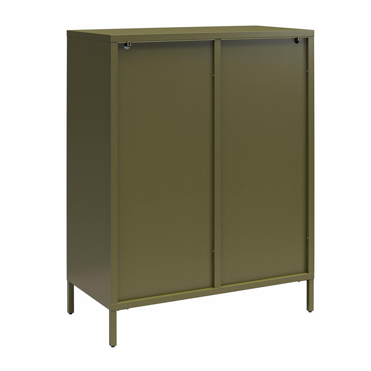 Olive Green Metal Accent Cabinet with Fluted Glass Doors