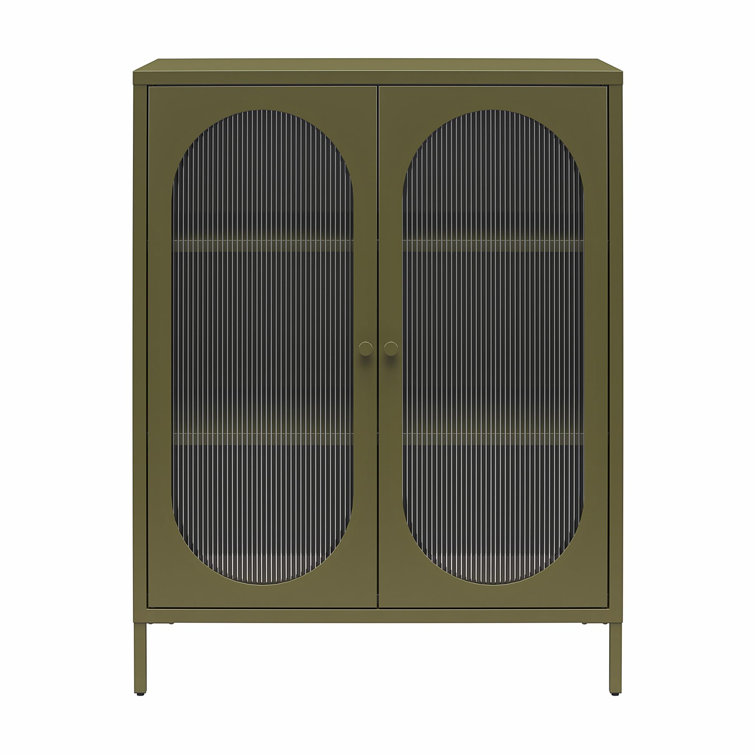 Olive Green Metal Accent Cabinet with Fluted Glass Doors
