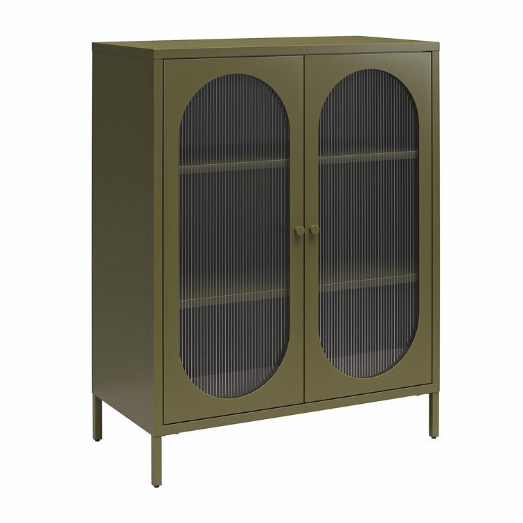 Olive Green Metal Accent Cabinet with Fluted Glass Doors
