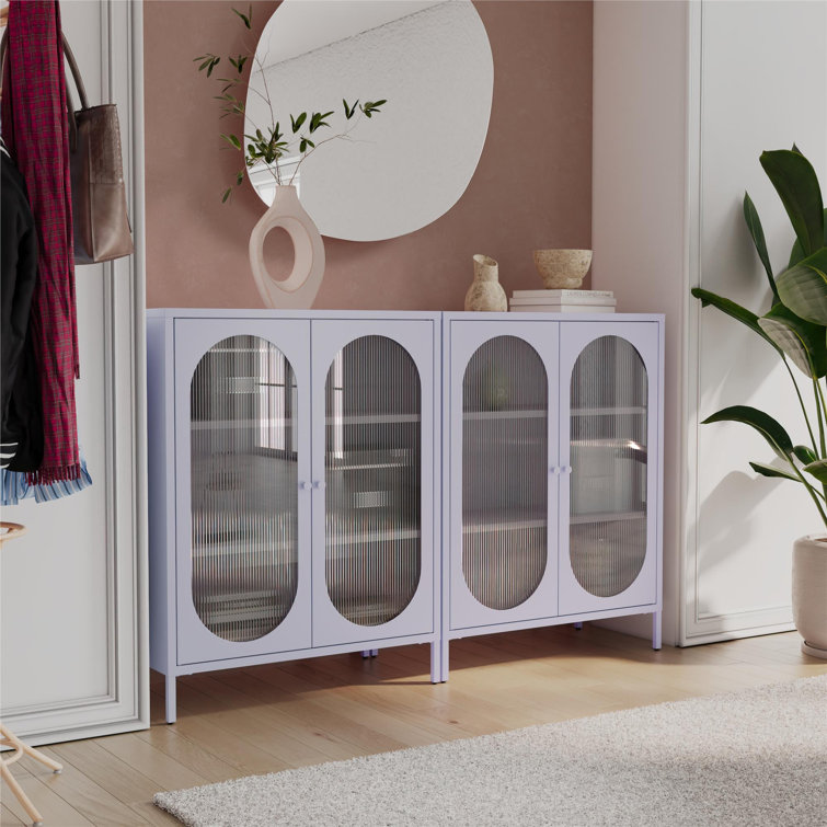 Lilac Metal Short Accent Cabinet with Fluted Glass Doors