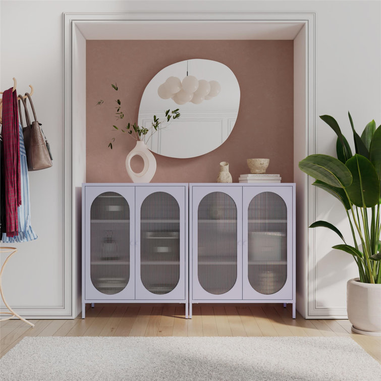 Lilac Metal Short Accent Cabinet with Fluted Glass Doors