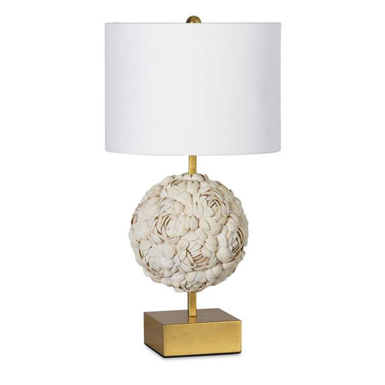 White Linen Coastal Shell Lamp with Polished Brass Base