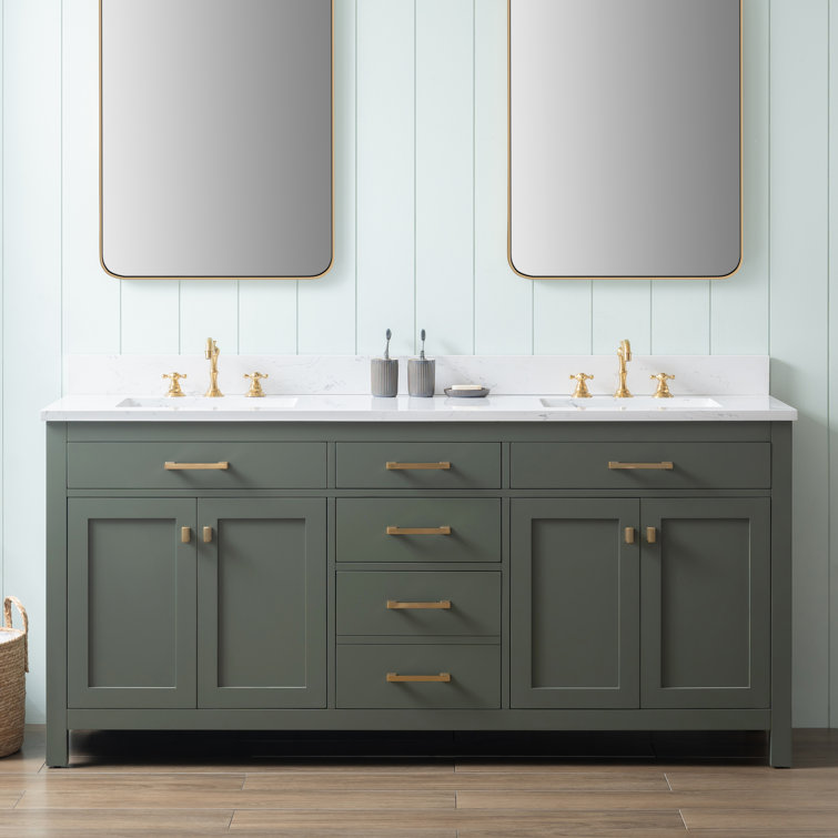 Vintage Green Double Vanity with Carrara White Top and Brushed Bronze Hardware