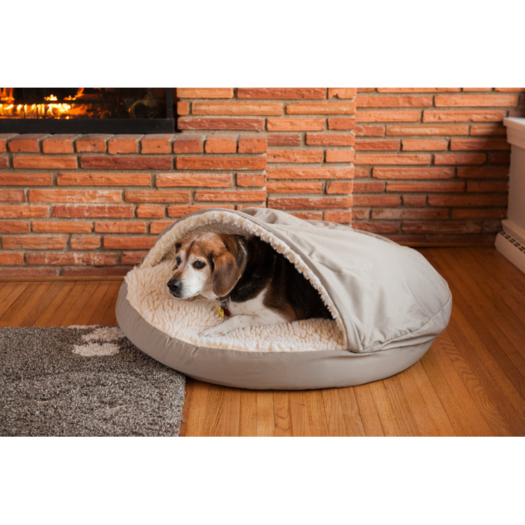 Small Khaki Poly-Cotton Hooded Dog Bed with Faux Lambs Wool Interior