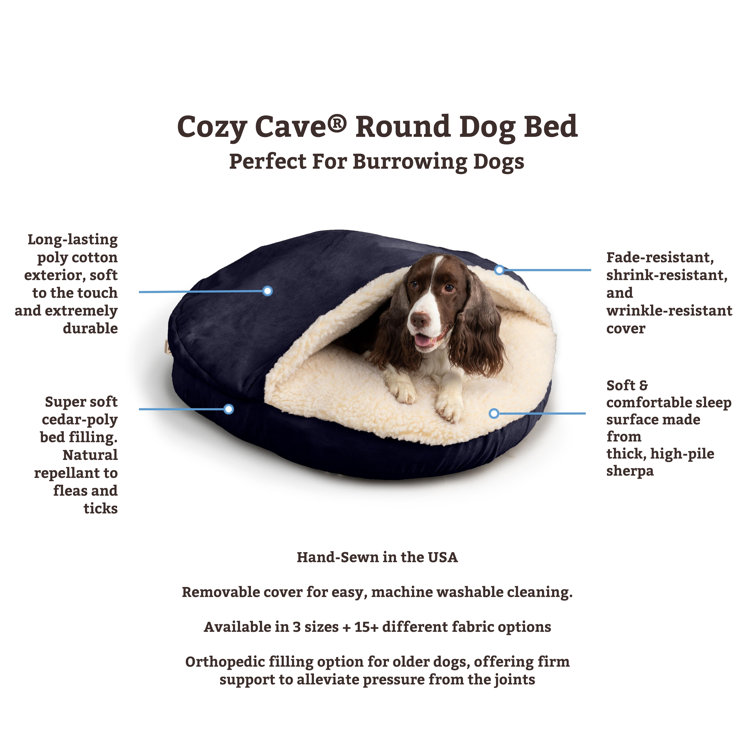 Small Khaki Poly-Cotton Hooded Dog Bed with Faux Lambs Wool Interior