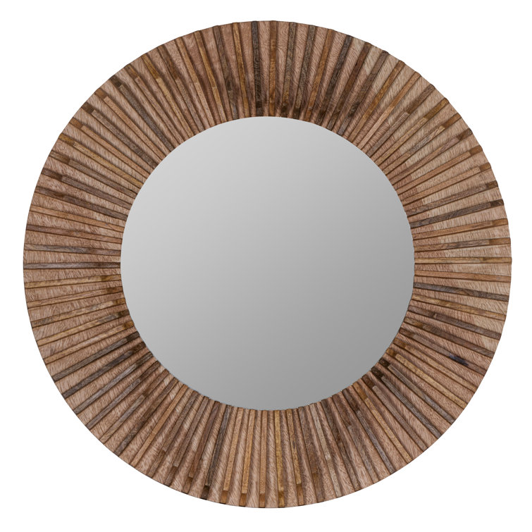 Round Brown Mango Wood Wall Mirror with Distressed Grain Accents