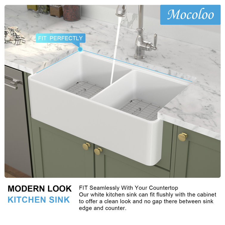 33'' White Ceramic Farmhouse Workstation Kitchen Sink with Accessories
