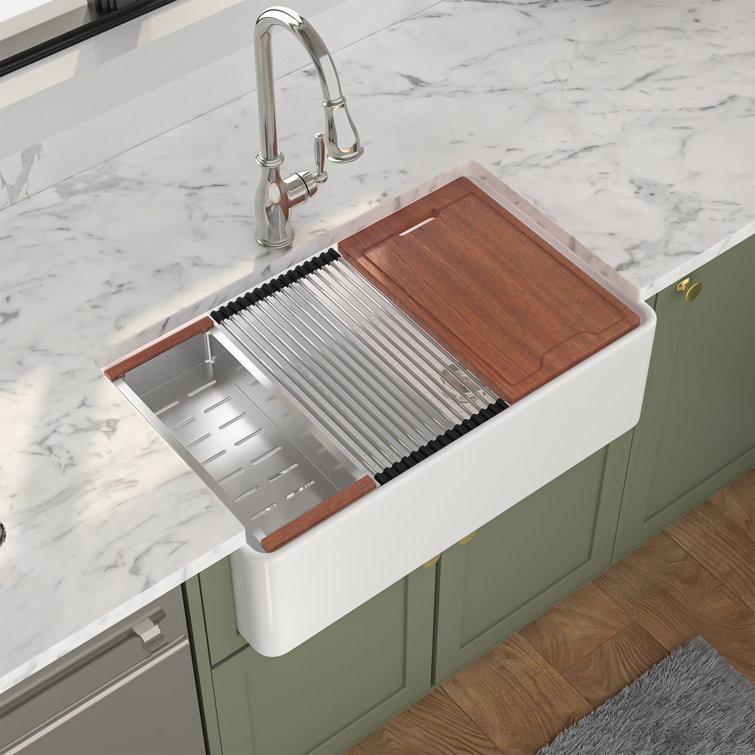 33'' White Ceramic Farmhouse Workstation Kitchen Sink with Accessories