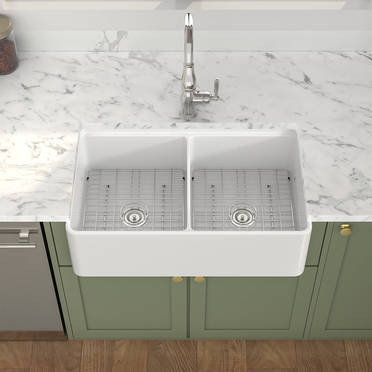 33'' White Ceramic Farmhouse Workstation Kitchen Sink with Accessories
