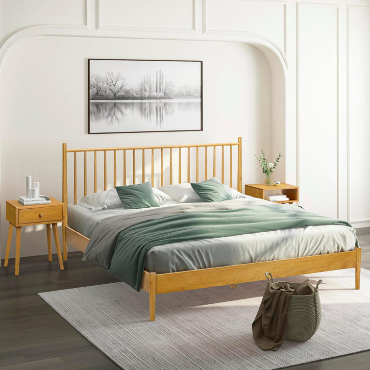 King Rustic Oak Solid Wood Bed Frame with Spindle Headboard