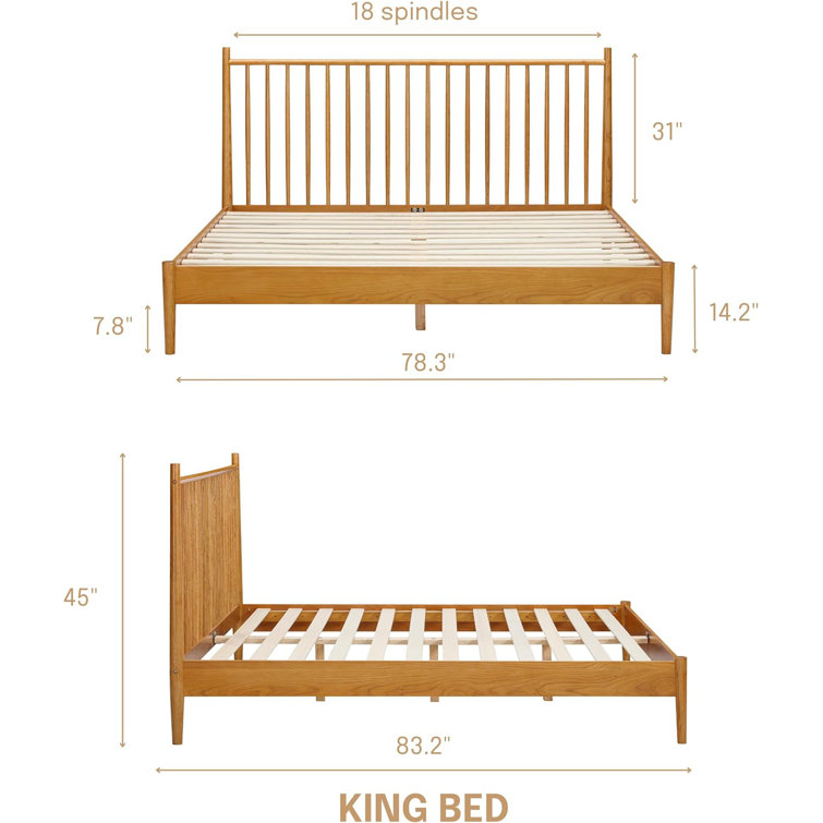 King Rustic Oak Solid Wood Bed Frame with Spindle Headboard