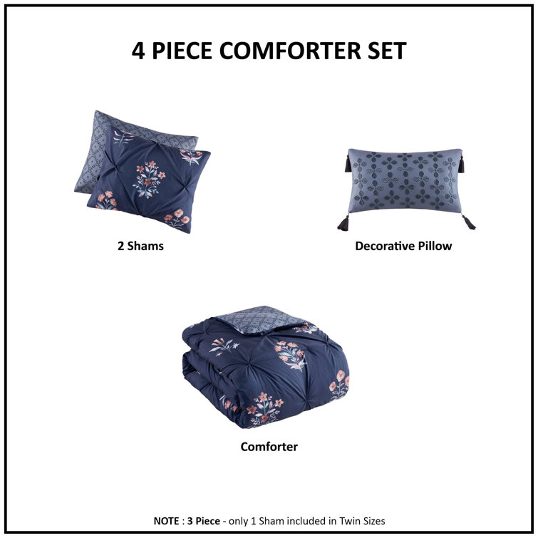 Navy Microfiber Full Bedspread Set with Floral Print