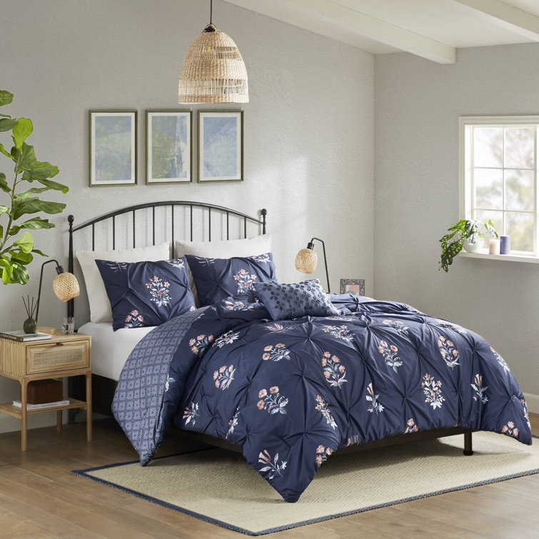 Navy Microfiber Full Bedspread Set with Floral Print