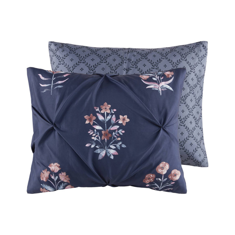 Navy Floral Pintuck Cotton Full/Queen Bedspread Set