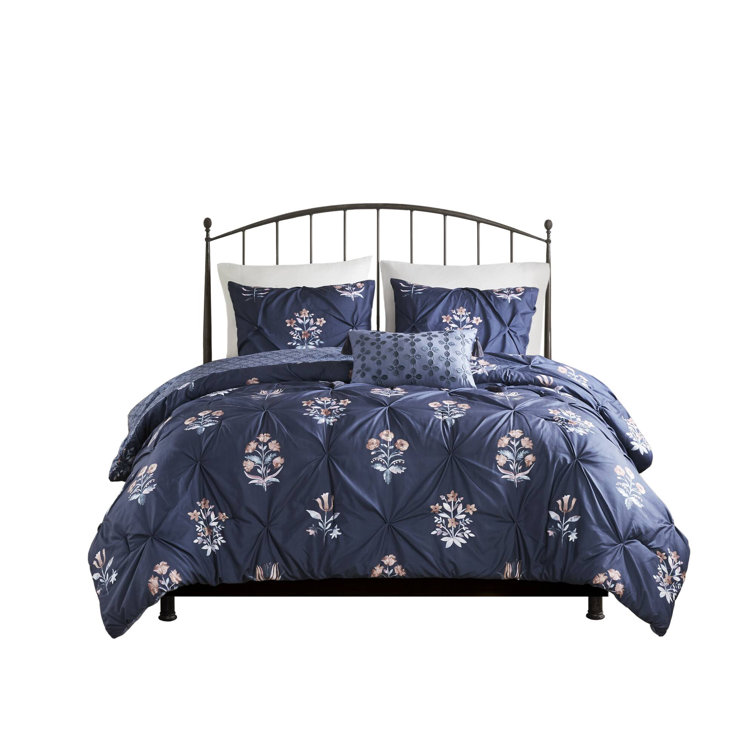 Navy Microfiber King Bedspread Set with Floral Embellishments