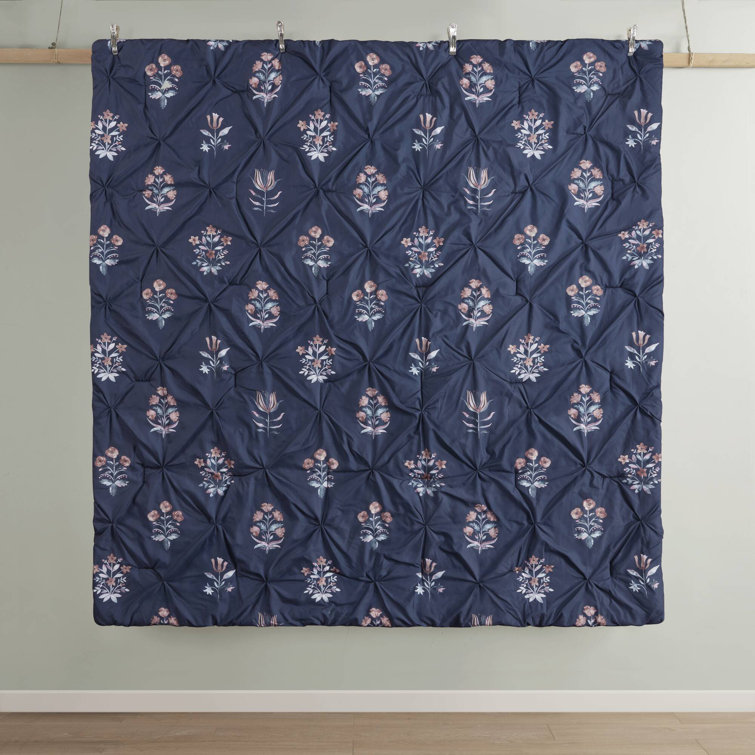 Navy Microfiber Full Bedspread Set with Floral Print