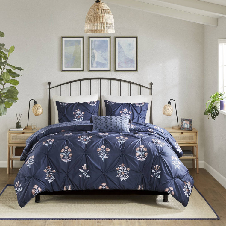 Navy Microfiber Full Bedspread Set with Floral Print