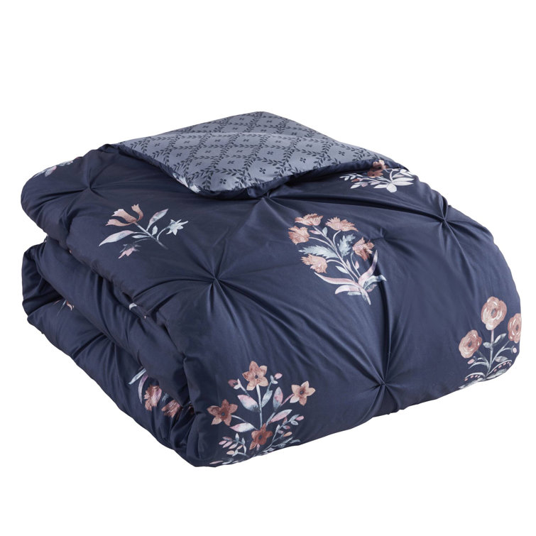 Navy Microfiber Full Bedspread Set with Floral Print