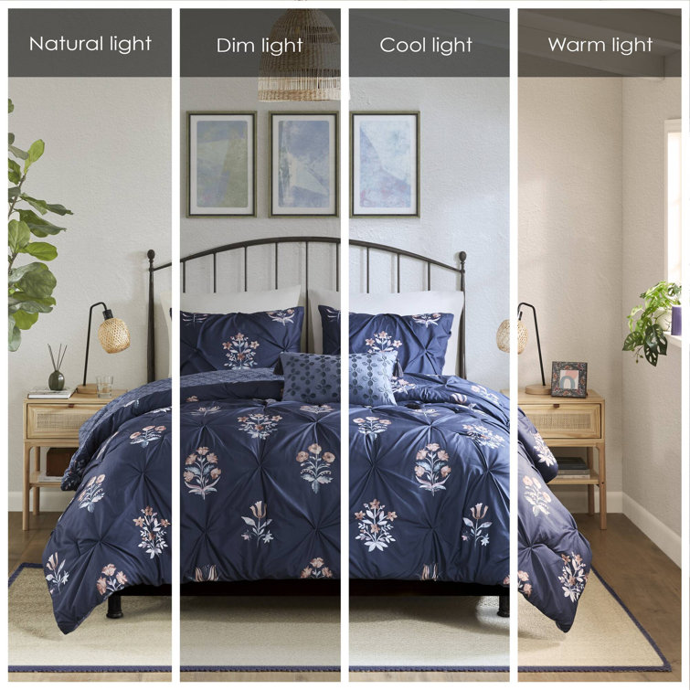 Navy Microfiber Full Bedspread Set with Floral Print
