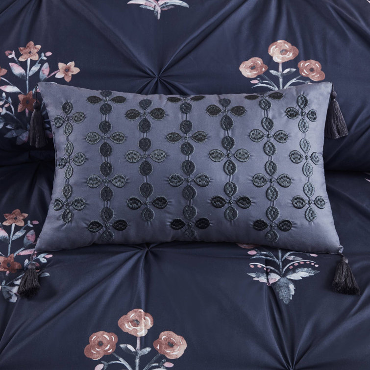 Navy Microfiber Full Bedspread Set with Floral Print