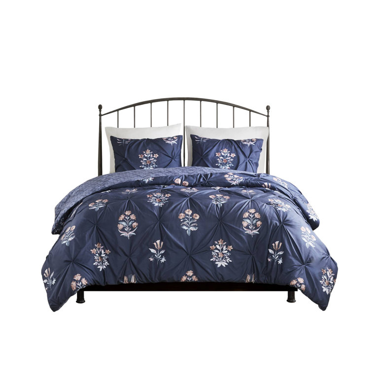 Navy Floral Pintuck Cotton Full/Queen Bedspread Set