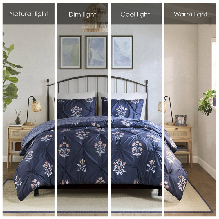 Navy Floral Pintuck Cotton Full/Queen Bedspread Set