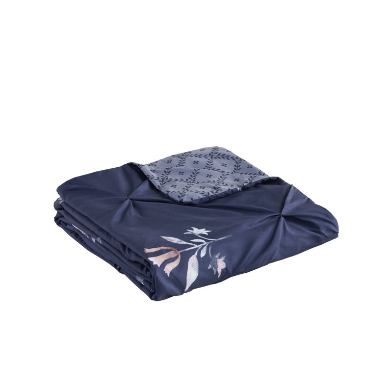 Navy Floral Pintuck Cotton Full/Queen Bedspread Set