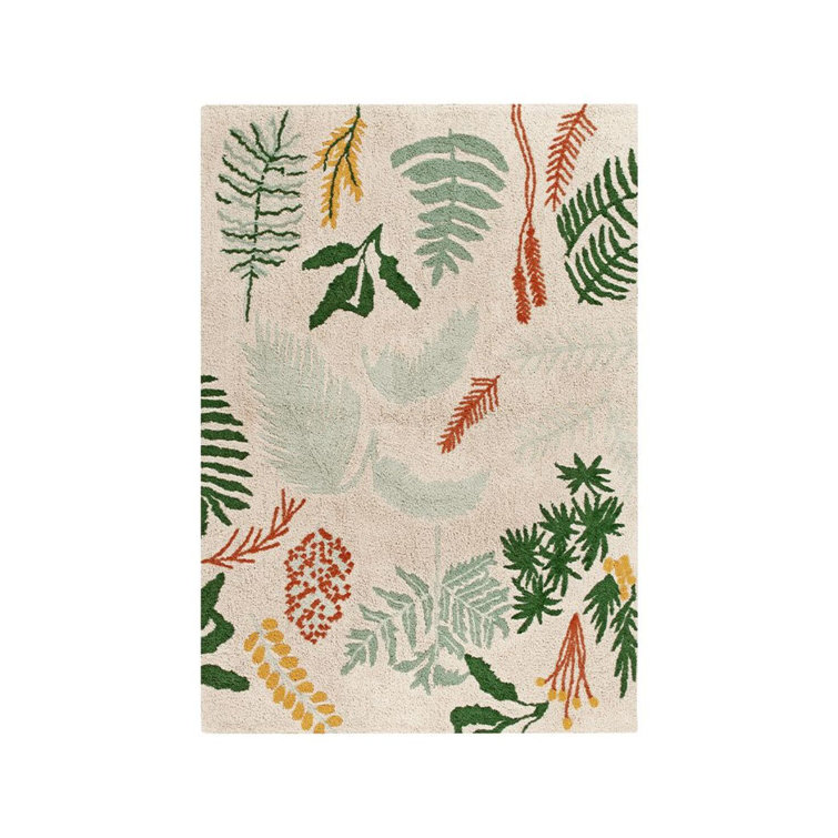 Cream Rectangular Botanic Plants Wool Cotton Area Rug