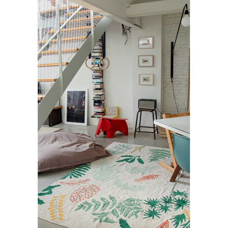 Cream Rectangular Botanic Plants Wool Cotton Area Rug